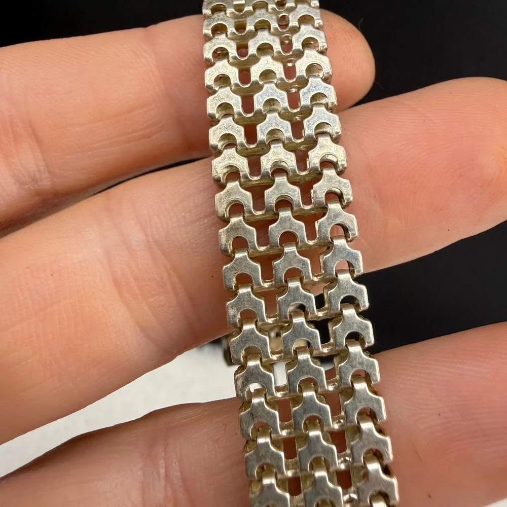 Vintage Sterling Silver Panther Link Bracelet Silver Wide 4 Row 7.5